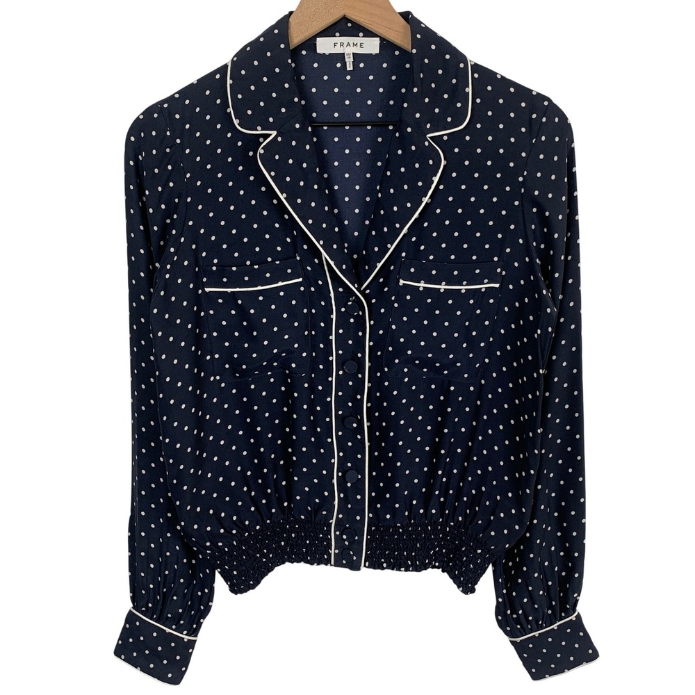 FRAME Polka Dot 100% Silk PJ Blouse Womens XS Navy White L/S Button Up $288